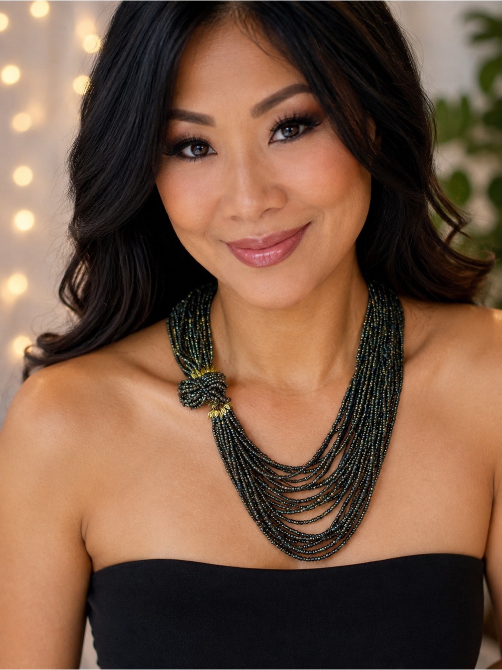 Black Multi-Strand Glass Beaded Necklace - Elegant Layered Statement